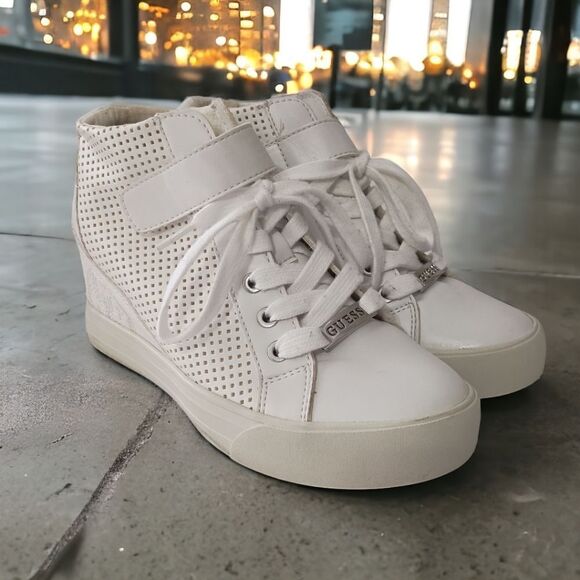 Guess Wedge High Top Sneaker 7.5 Womens Y2K White‎ Leather Streetwear Hip Hop - Picture 15 of 16